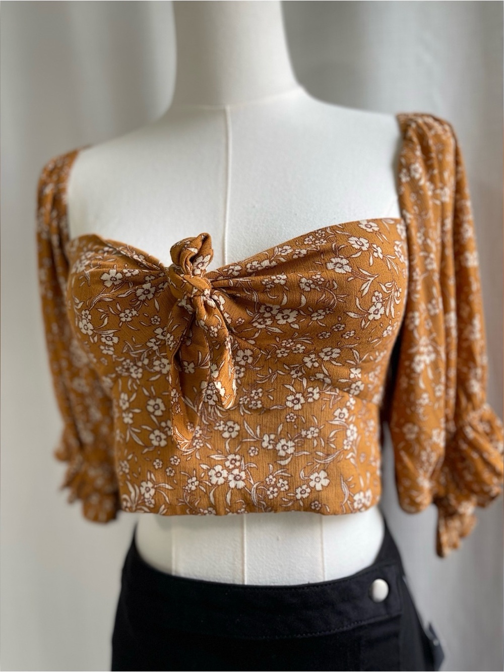 Lulus Mustard Yellow Floral Tie Front Crop Top Smocked Boho Puff Sleeve Festival